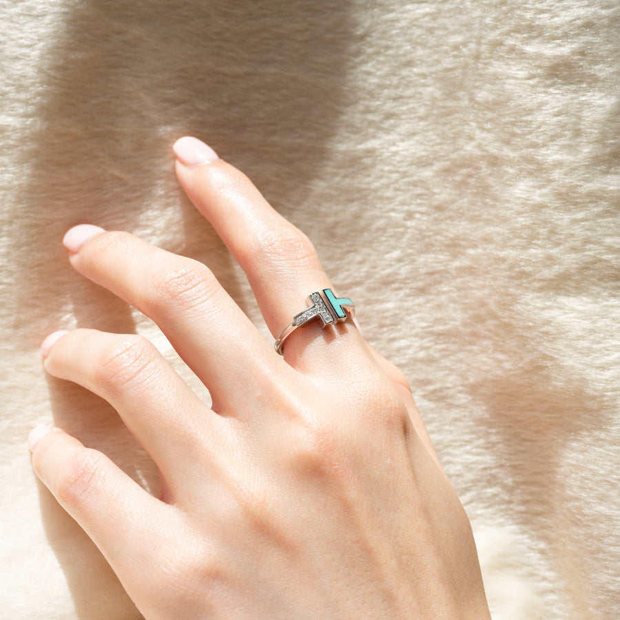 แหวน Tiffany & Co. Tiffany T Diamond and Turquoise Wire Ring 18K White Gold Size 47# (Used) #vrtirimt 6999