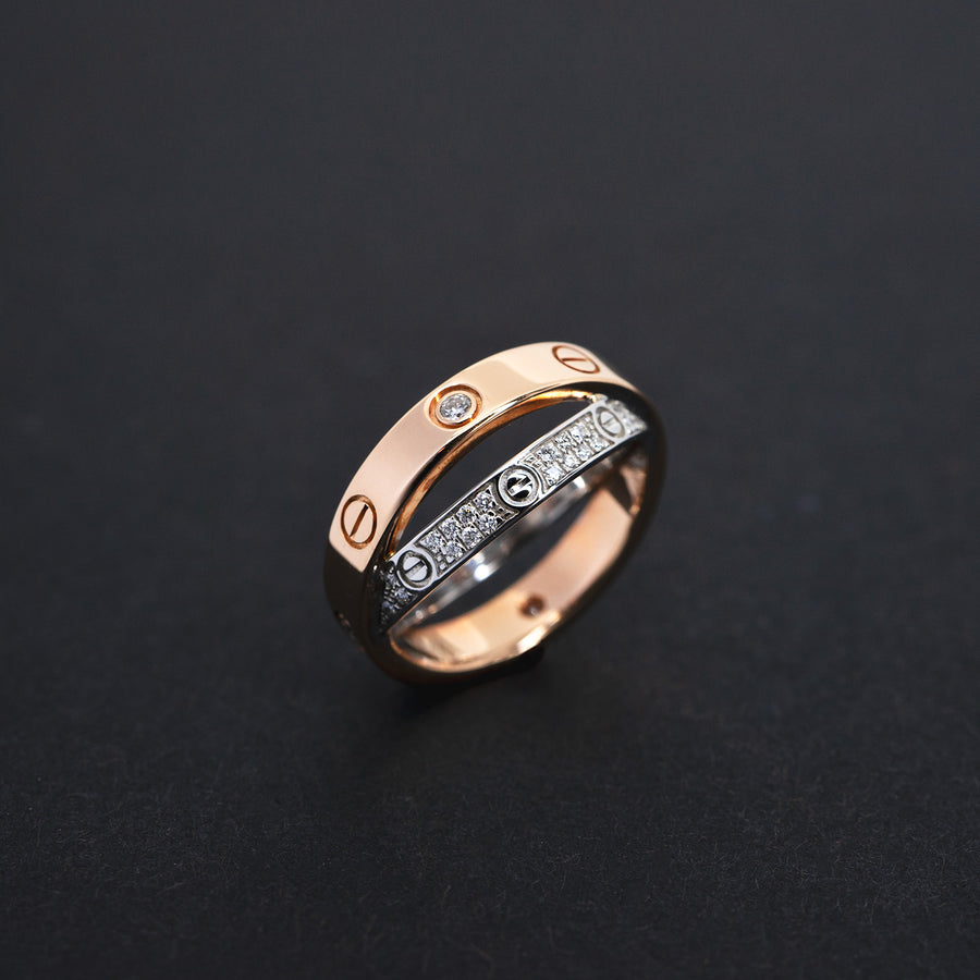 แหวน Cartier Love Double Band ,Diamond-Paved 18K Rose Gold + 18K White Gold Size 54# (Used) #vrcalrfim 5424