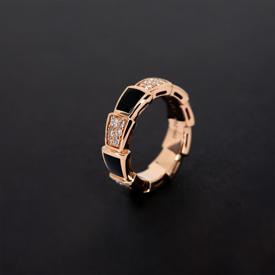 แหวน Bvlgari Serpenti Viper ring, set with Black Onyx Elements and Demi Pavé Diamonds. 18K Rose Gold Size 49# (Used) #vrbvlrf 4888