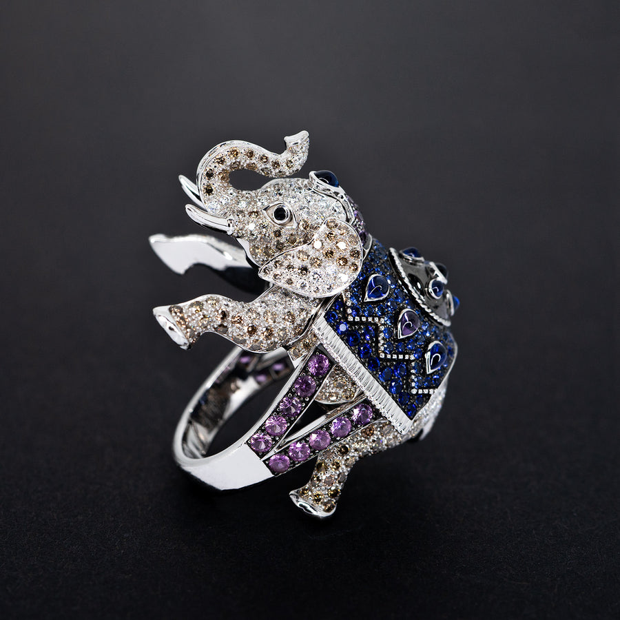 แหวน Boucheron Animeaux de Collection Bague Hathi Ring with Diamonds and Sapphires 18K White Gold Size 54# (used) #vrbo 0999