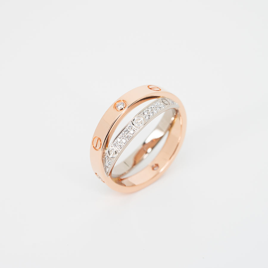 แหวน Cartier Love Double Band ,Diamond-Paved 18K Rose Gold + 18K White Gold Size 54# (Used) #vrcalrfim 5424