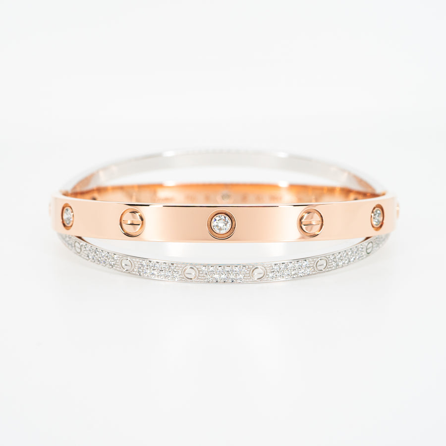 กำไล Cartier Love Double Bracelet, Diamond-Paved Rose Gold , White Gold Size 16# (Used) #vrcalrf 5092 #lrf