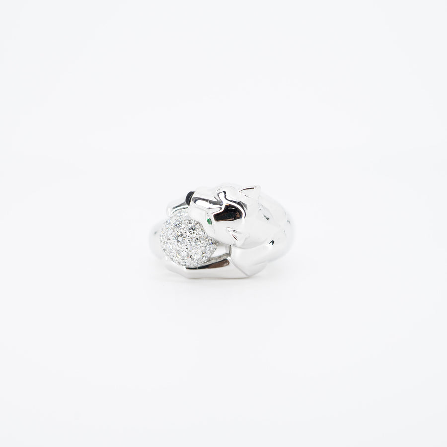 แหวน Cartier Panthere de Cartier with Diamonds Onyx Emerald Ring 18K White Gold Size 54# (Used) #vrca 0935
