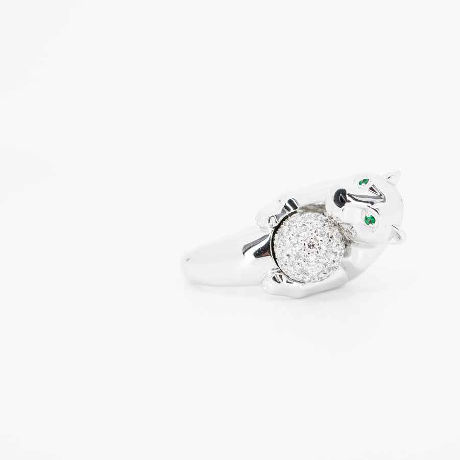 แหวน Cartier Panthere de Cartier with Diamonds Onyx Emerald Ring 18K White Gold Size 54# (Used) #vrca 0935