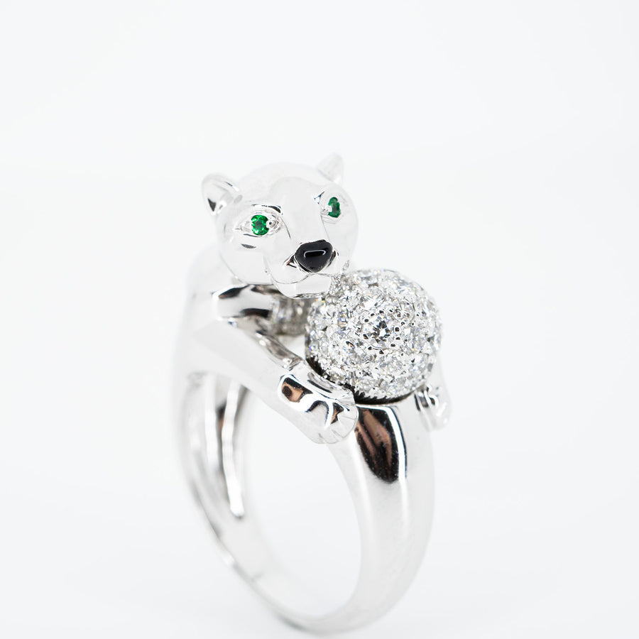 แหวน Cartier Panthere de Cartier with Diamonds Onyx Emerald Ring 18K White Gold Size 54# (Used) #vrca 0935
