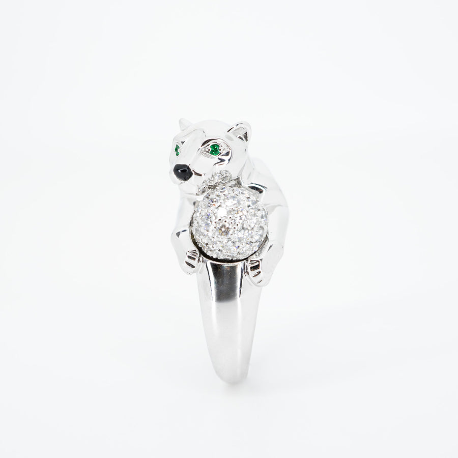แหวน Cartier Panthere de Cartier with Diamonds Onyx Emerald Ring 18K White Gold Size 54# (Used) #vrca 0935
