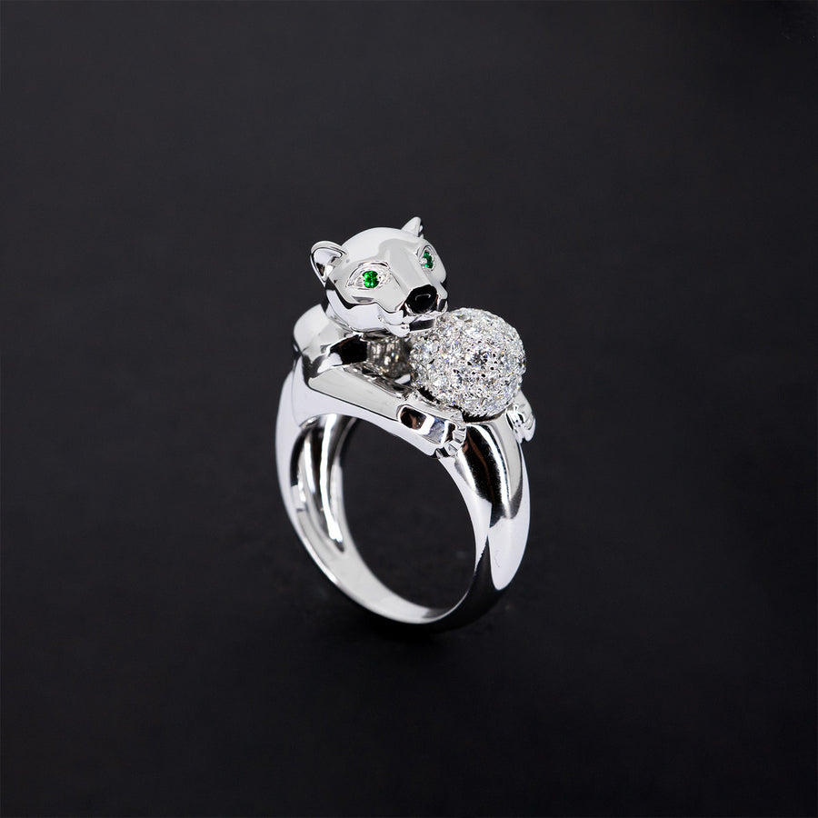 แหวน Cartier Panthère de Cartier with Diamonds Onyx Emerald #TU 18K White Gold Size 54# (Used) #vrca 0544