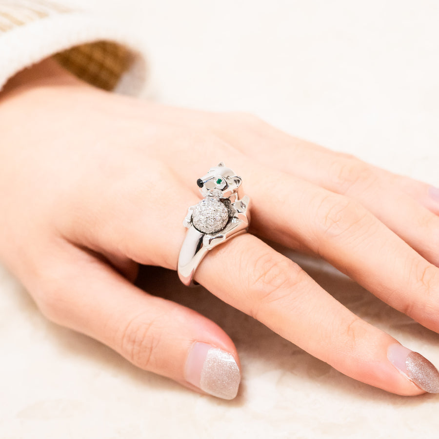 แหวน Cartier Panthere de Cartier with Diamonds Onyx Emerald Ring 18K White Gold Size 54# (Used) #vrca 0935