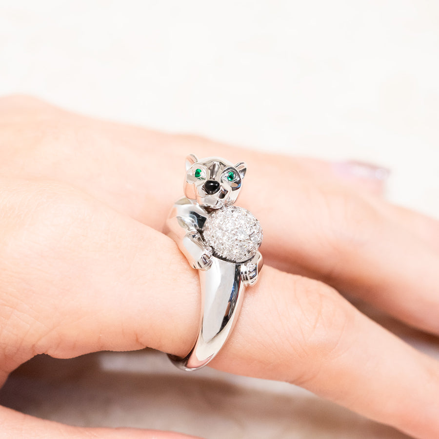 แหวน Cartier Panthere de Cartier with Diamonds Onyx Emerald Ring 18K White Gold Size 54# (Used) #vrca 0935
