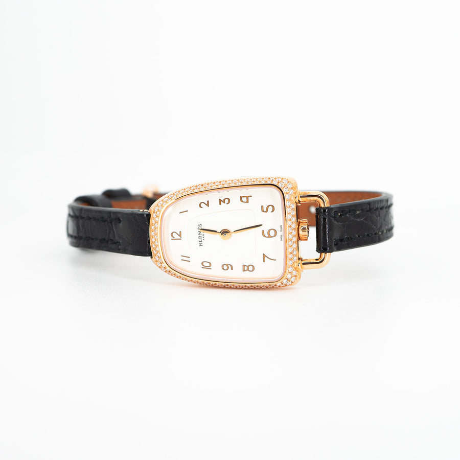 นาฬิกา Hermes Galop d'Hermès watch, with Pave Diamonds quartz movement #T2 18K Rose Gold Size 32 mm.# (Used) #vrhe 0548