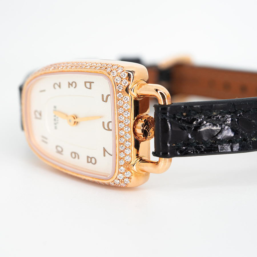 นาฬิกา Hermes Galop d'Hermès watch, with Pave Diamonds quartz movement #T2 18K Rose Gold Size 32 mm.# (Used) #vrhe 0548