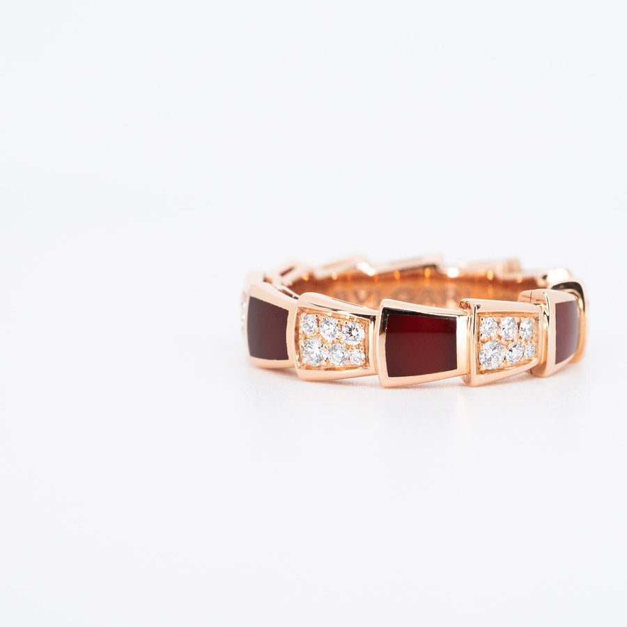 แหวน Bvlgari Serpenti Viper ring, set with Carnelian Elements and Demi Pavé Diamonds #T2 18K Rose Gold Size 54# (Used) #vrbvn 5549