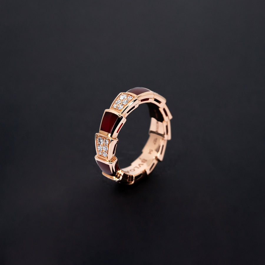 แหวน Bvlgari Serpenti Viper ring, set with Carnelian Elements and Demi Pavé Diamonds #T2 18K Rose Gold Size 54# (Used) #vrbvn 5549