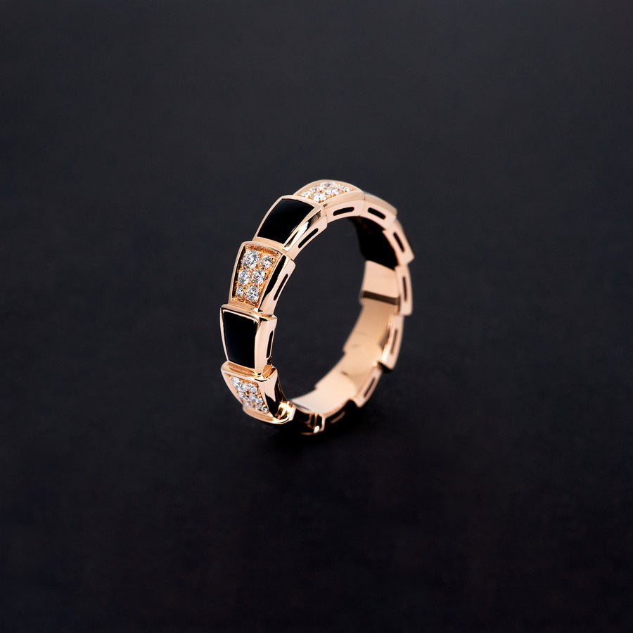 แหวน Bvlgari Serpenti Viper ring, set with Black Onyx Elements and Demi Pavé Diamonds #T2 18K Rose Gold Size 55# (Used) #vrbvn 5547