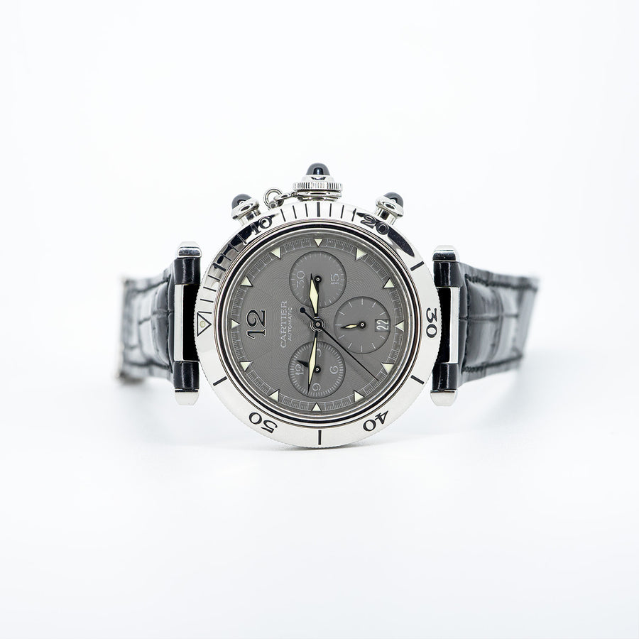 นาฬิกา Cartier Pasha de Cartier watch, Gray Dial Automatic Chronograph In Stainless Steel Size 39mm.# (Used) #vrcawHIT 7356