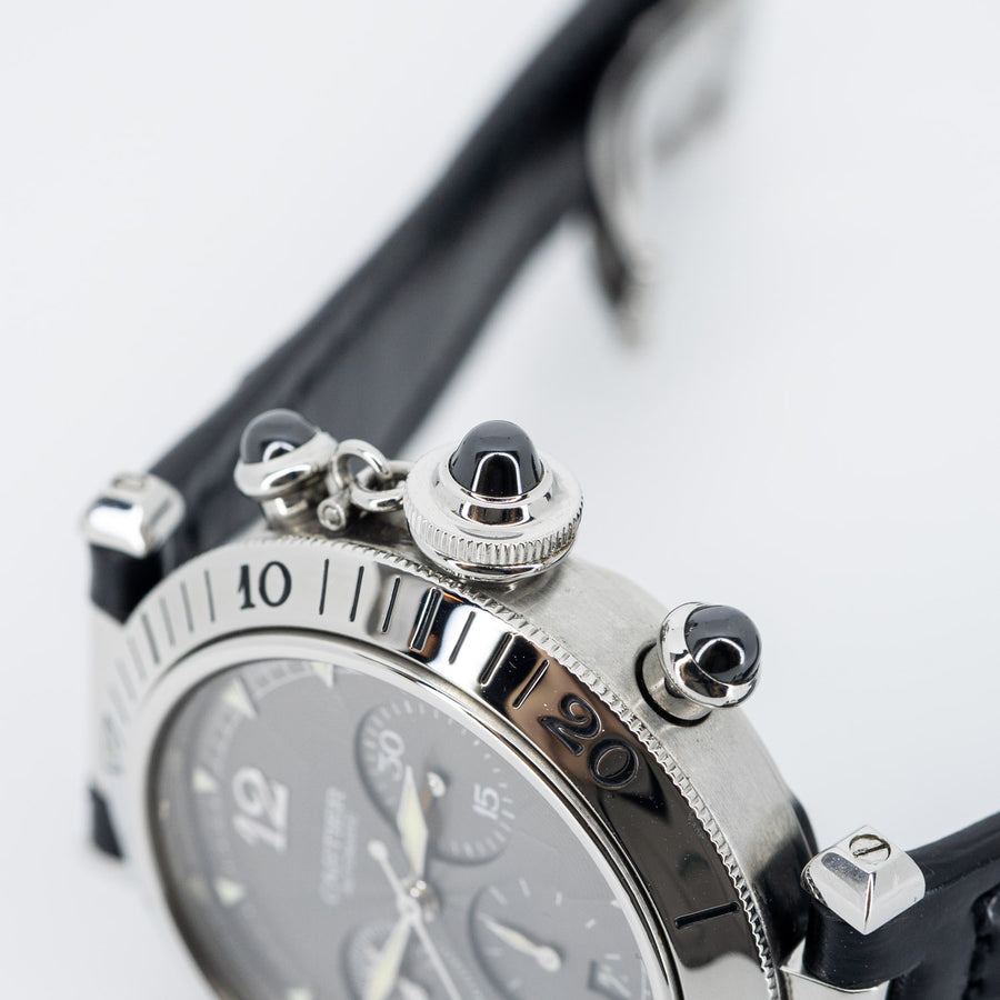 นาฬิกา Cartier Pasha de Cartier watch, Gray Dial Automatic Chronograph In Stainless Steel Size 39mm.# (Used) #vrcawHIT 7356