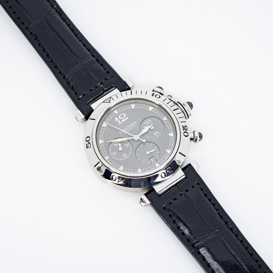 นาฬิกา Cartier Pasha de Cartier watch, Gray Dial Automatic Chronograph In Stainless Steel Size 39mm.# (Used) #vrcawHIT 7356