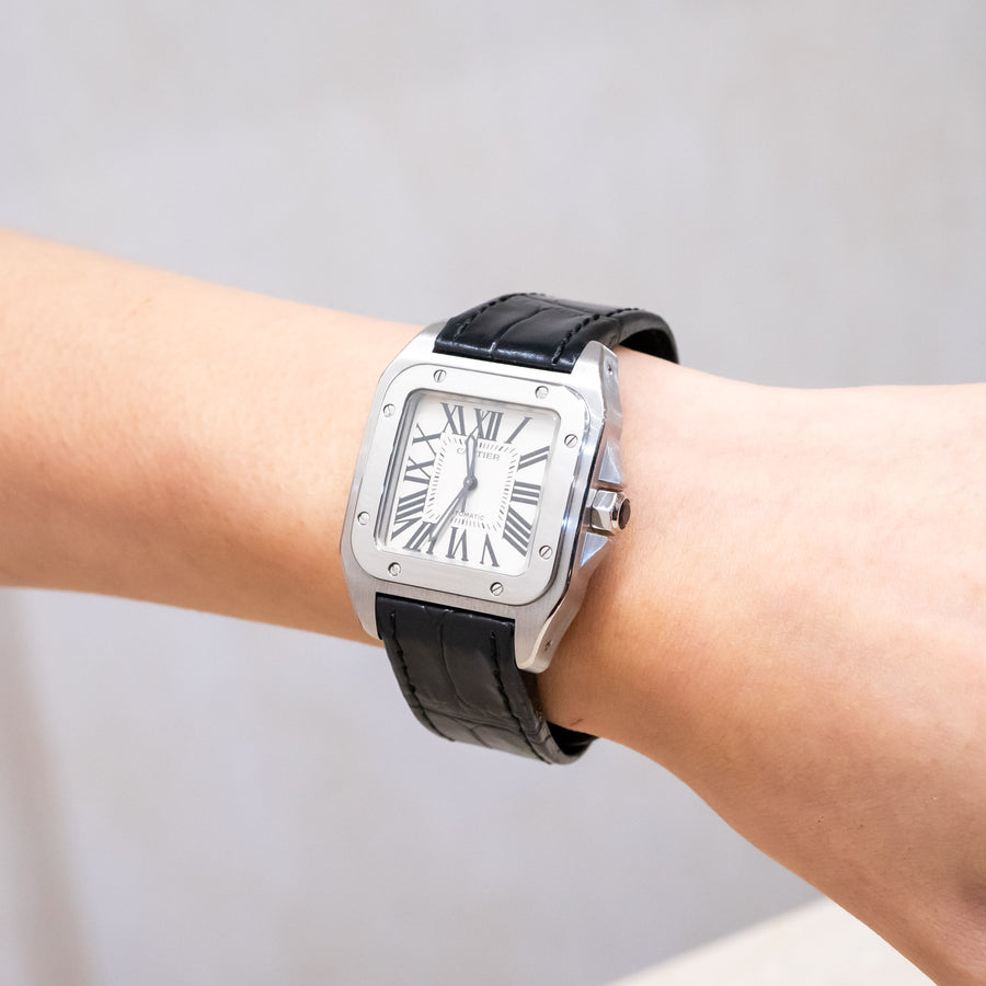 นาฬิกา Cartier Santos 100 watch, Medium model, automatic movement, steel, leather Stainless Steel Size M# (Used) #vrca 1037
