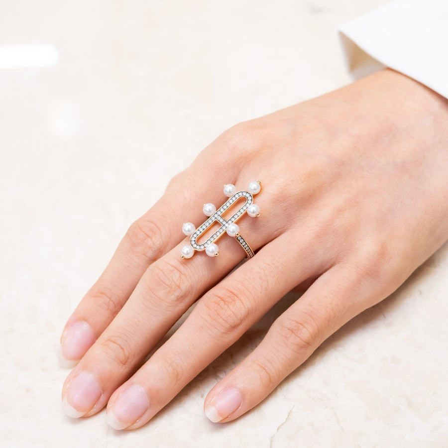 แหวน Hermes Chandra ring, medium model Rose Gold Diamonds and pearls #TU 18K Rose Gold Size 53# (Used) #vrhe 0606