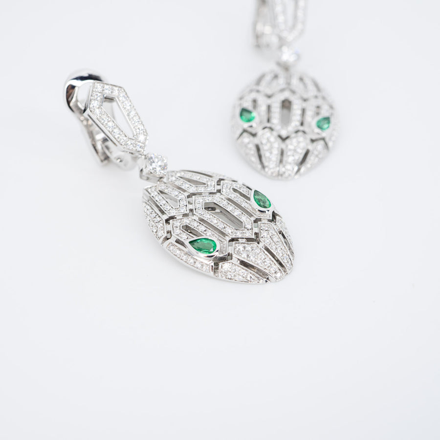 ต่างหู Bvlgari Serpenti Seduttori Earrings set with Emerald Eyes and Pave Diamonds #T2 18K White Gold (Used) #vrbv 0647