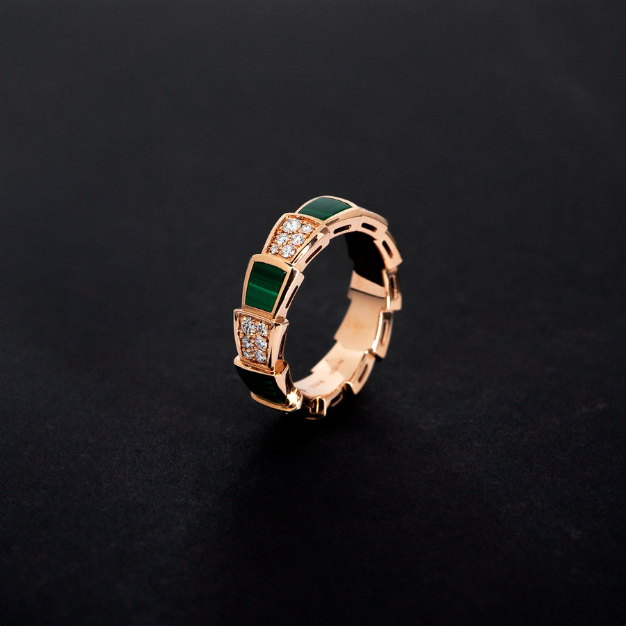 แหวน Bvlgari Serpenti Viper ring, set with Malachite Elements and Demi Pavé Diamonds #T2 18K Rose Gold Size 52# (Used) #vrbvn 6023