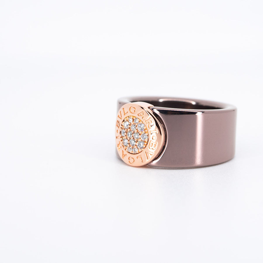 แหวน Bvlgari Bvlgari Ring with Diamonds in Rose Gold and Cermet 18K Rose Gold Size 53# (Used) #vrbvrim 6166