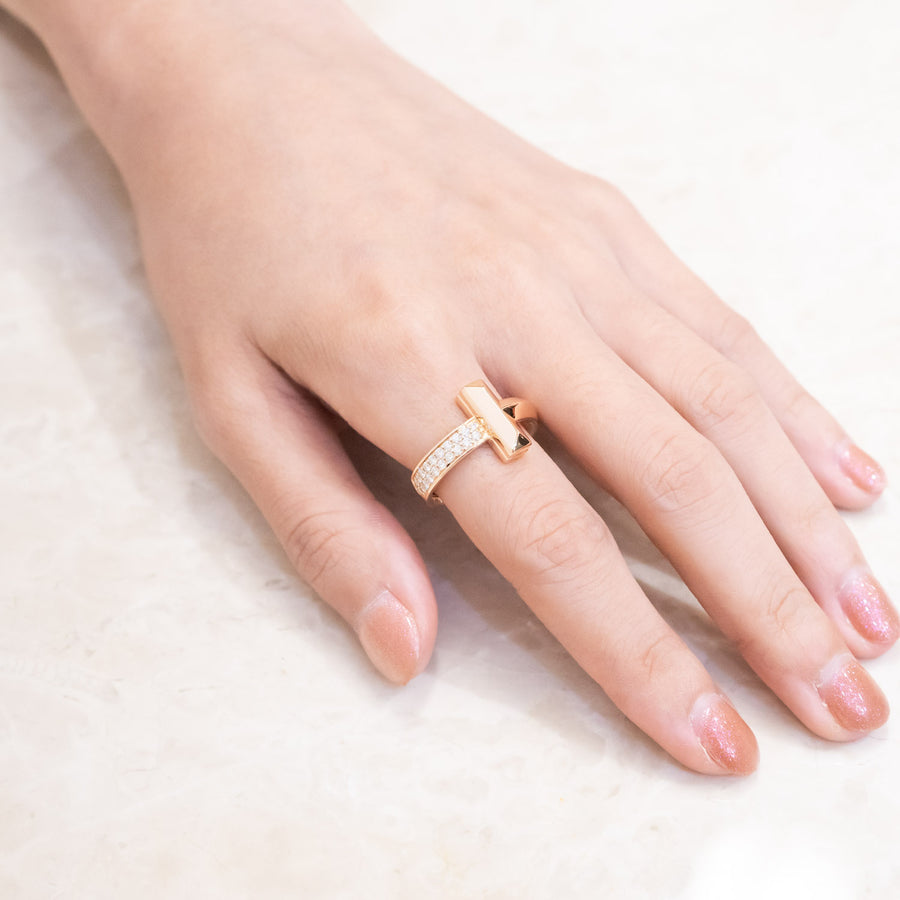 แหวน Tiffany & Co. Tiffany T1 Ring with Round Brilliant Diamonds 18K Rose Gold Size 54# (Used) #vrtir 6218