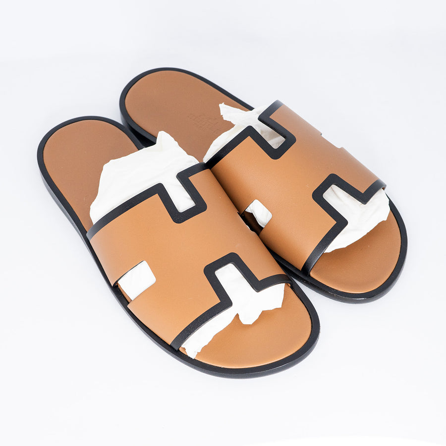 รองเท้า Hermes Izmir Sandal in calfskin shoes, Brown with Black edge Limited Edition Size 40# (Used) #vrhe 0699