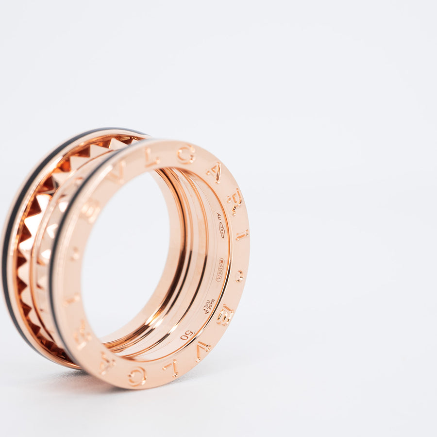 แหวน Bvlgari B.zero1 Rock two-band ring with studded spiral and black ceramic 18K Rose Gold Size 50# (Used) #vrbvrim 6335