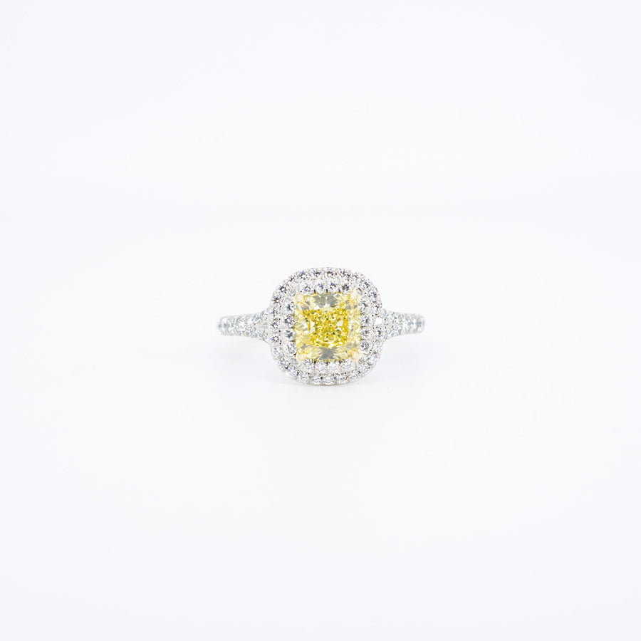 แหวน Tiffany & Co. Tiffany Soleste Cushion-cut with Yellow Diamond 1.09 Carat Halo in Platinum&Yellow Gold (Solitaire Ring) Size 49# (Used) #vrtilrf 6433