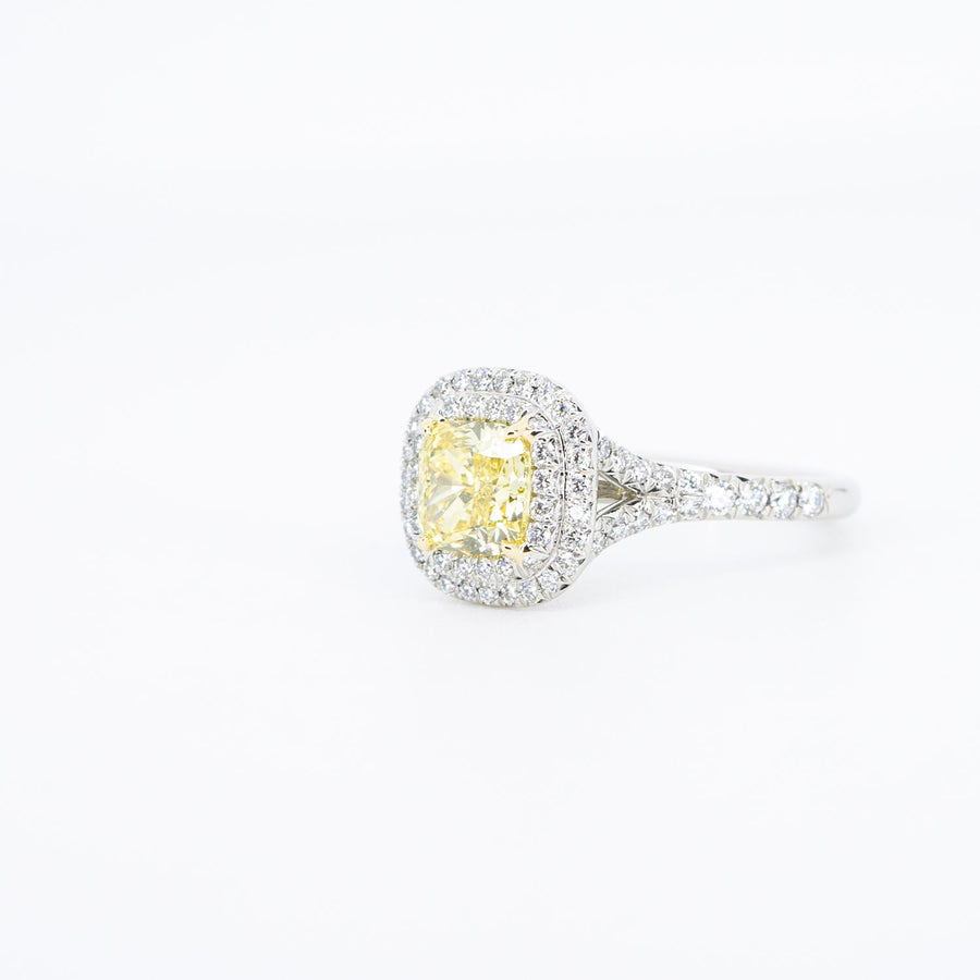 แหวน Tiffany & Co. Tiffany Soleste Cushion-cut with Yellow Diamond 1.09 Carat Halo in Platinum&Yellow Gold (Solitaire Ring) Size 49# (Used) #vrtilrf 6433