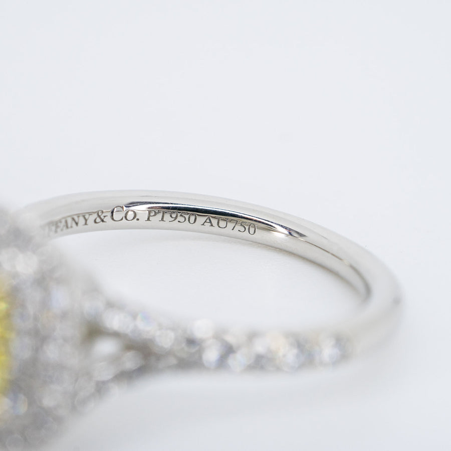 แหวน Tiffany & Co. Tiffany Soleste Cushion-cut with Yellow Diamond 1.09 Carat Halo in Platinum&Yellow Gold (Solitaire Ring) Size 49# (Used) #vrtilrf 6433