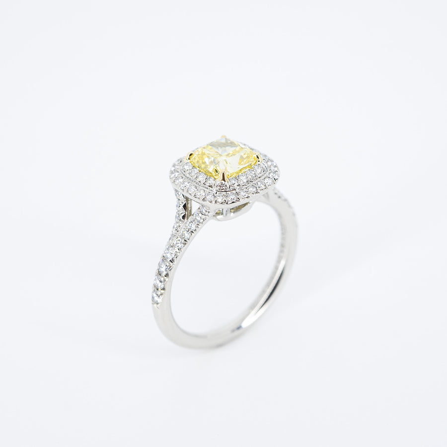 แหวน Tiffany & Co. Tiffany Soleste Cushion-cut with Yellow Diamond 1.09 Carat Halo in Platinum&Yellow Gold (Solitaire Ring) Size 49# (Used) #vrtilrf 6433