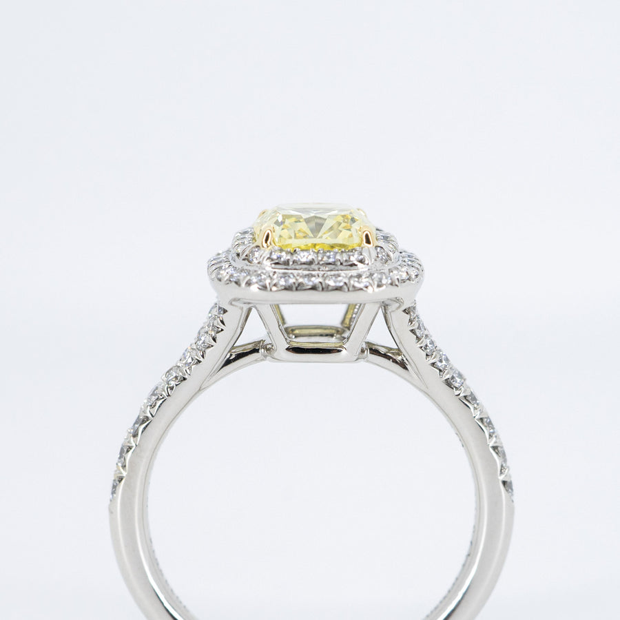 แหวน Tiffany & Co. Tiffany Soleste Cushion-cut with Yellow Diamond 1.09 Carat Halo in Platinum&Yellow Gold (Solitaire Ring) Size 49# (Used) #vrtilrf 6433