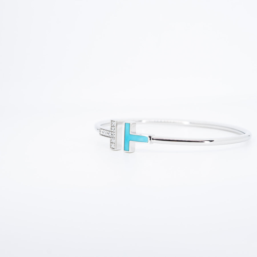 กำไล Tiffany & Co. Tiffany T Diamond and Turquoise Wire Bracelet 18K White Gold Size M# (Used) #vrtib 6380