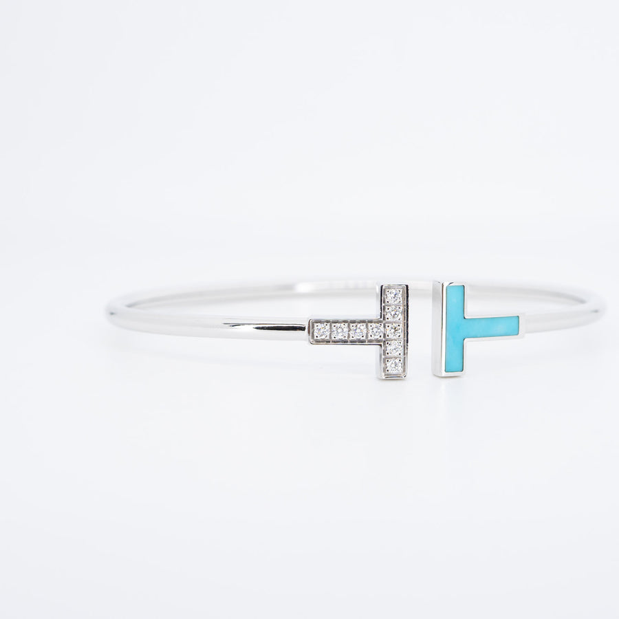 กำไล Tiffany & Co. Tiffany T Diamond and Turquoise Wire Bracelet 18K White Gold Size M# (Used) #vrtib 6380