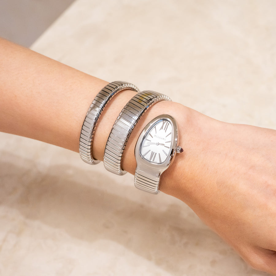 นาฬิกา Bvlgari Serpenti Tubogas double spiral watch in stainless steel case and bracelet, with silver opaline dial Size S# (Used) #vrbv 1054