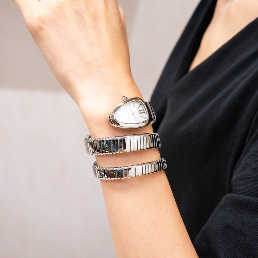 นาฬิกา Bvlgari Serpenti Tubogas double spiral watch in stainless steel case and bracelet, with silver opaline dial Size S# (Used) #vrbv 1054
