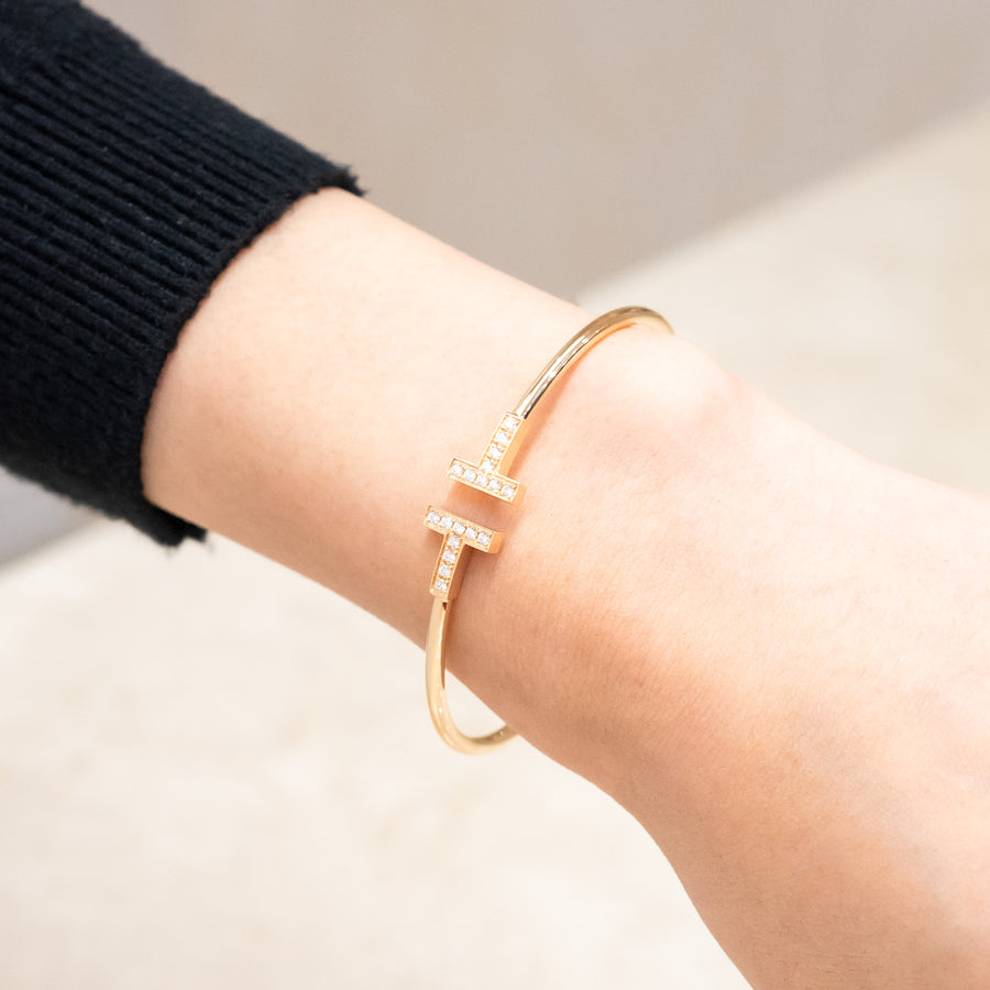 กำไลข้อมือ Tiffany & Co. Tiffany T Wire with Diamond Bracelet 18K Rose Gold Size M# (Used) #vrti 1038