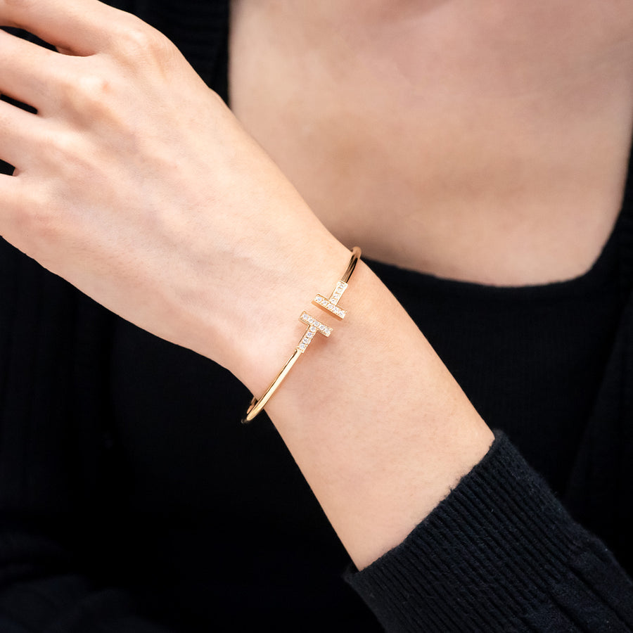 กำไลข้อมือ Tiffany & Co. Tiffany T Wire with Diamond Bracelet 18K Rose Gold Size M# (Used) #vrti 1038