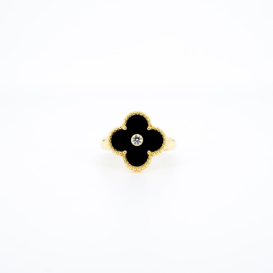 แหวน Van Cleef & Arpels Vintage Alhambra ring, Diamond, Onyx 18K Yellow Gold Size 50# (Used) #vrvar 6727