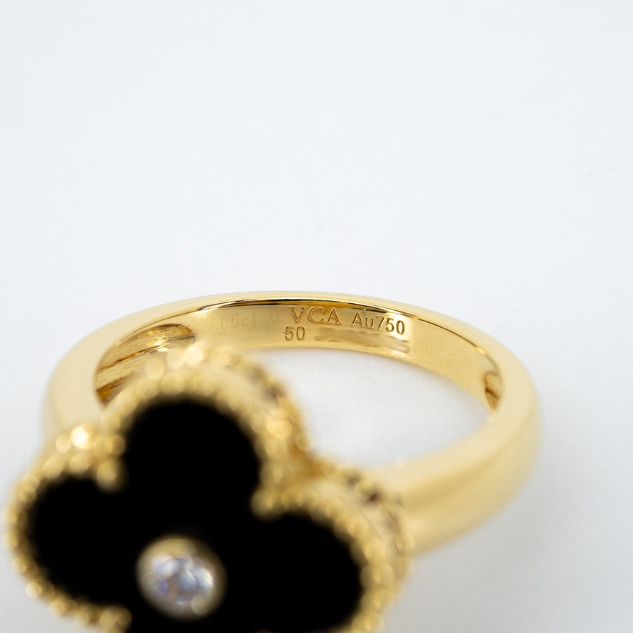 แหวน Van Cleef & Arpels Vintage Alhambra ring, Diamond, Onyx 18K Yellow Gold Size 50# (Used) #vrvar 6727