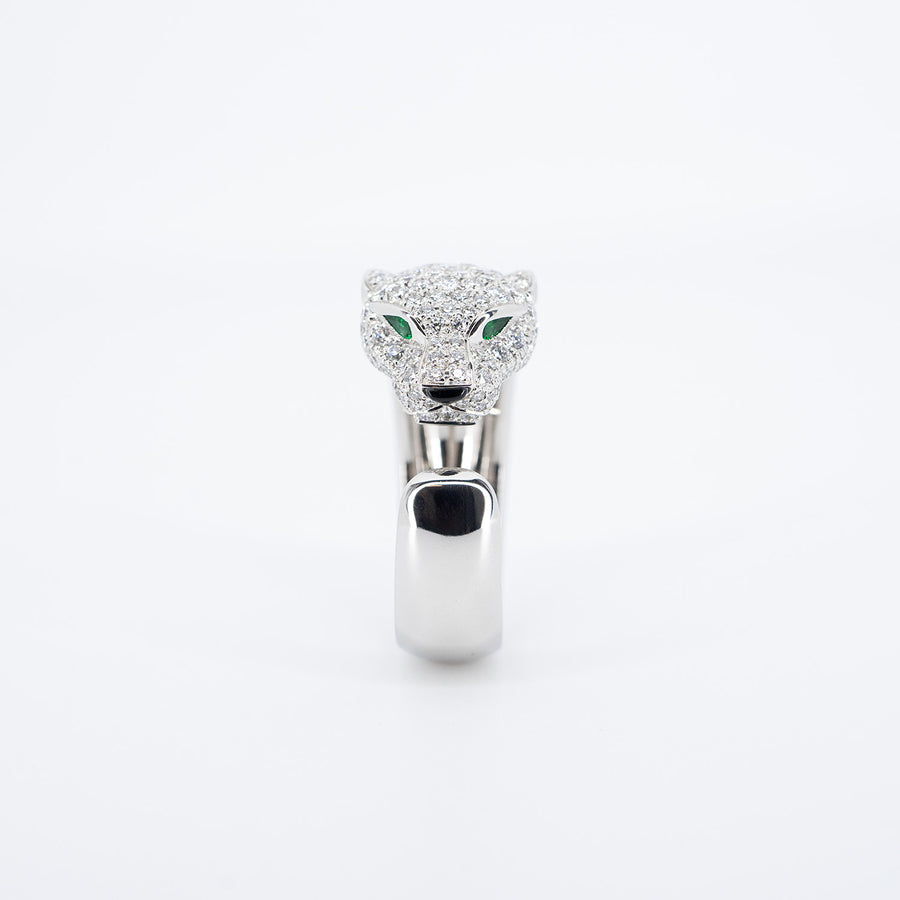 แหวน Cartier Panthère de Cartier ring, with diamonds, emeralds, onyx 18K White Gold Size 53# (Used) #vrcalrf 6730