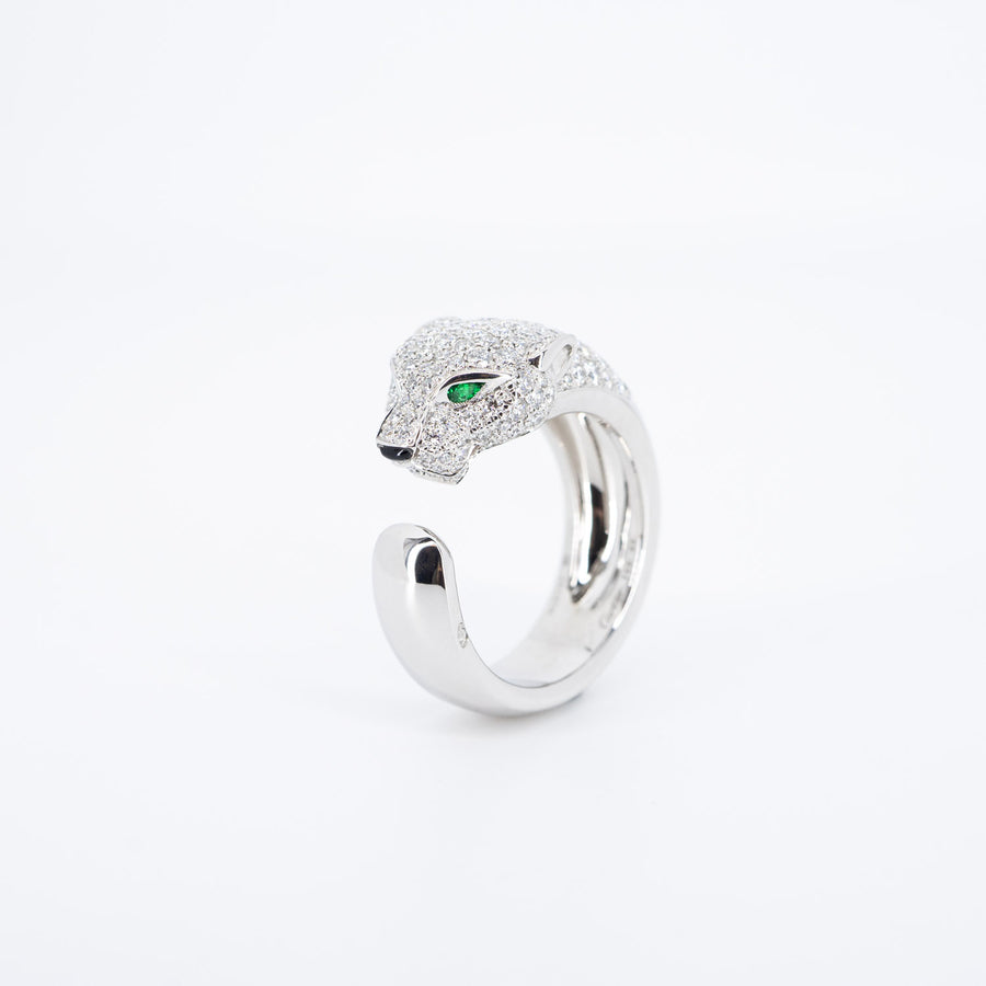 แหวน Cartier Panthère de Cartier ring, with diamonds, emeralds, onyx 18K White Gold Size 53# (Used) #vrcalrf 6730