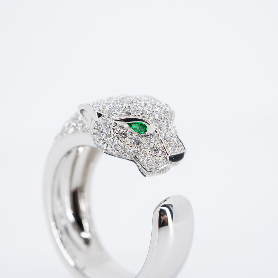 แหวน Cartier Panthère de Cartier ring, with diamonds, emeralds, onyx 18K White Gold Size 53# (Used) #vrcalrf 6730