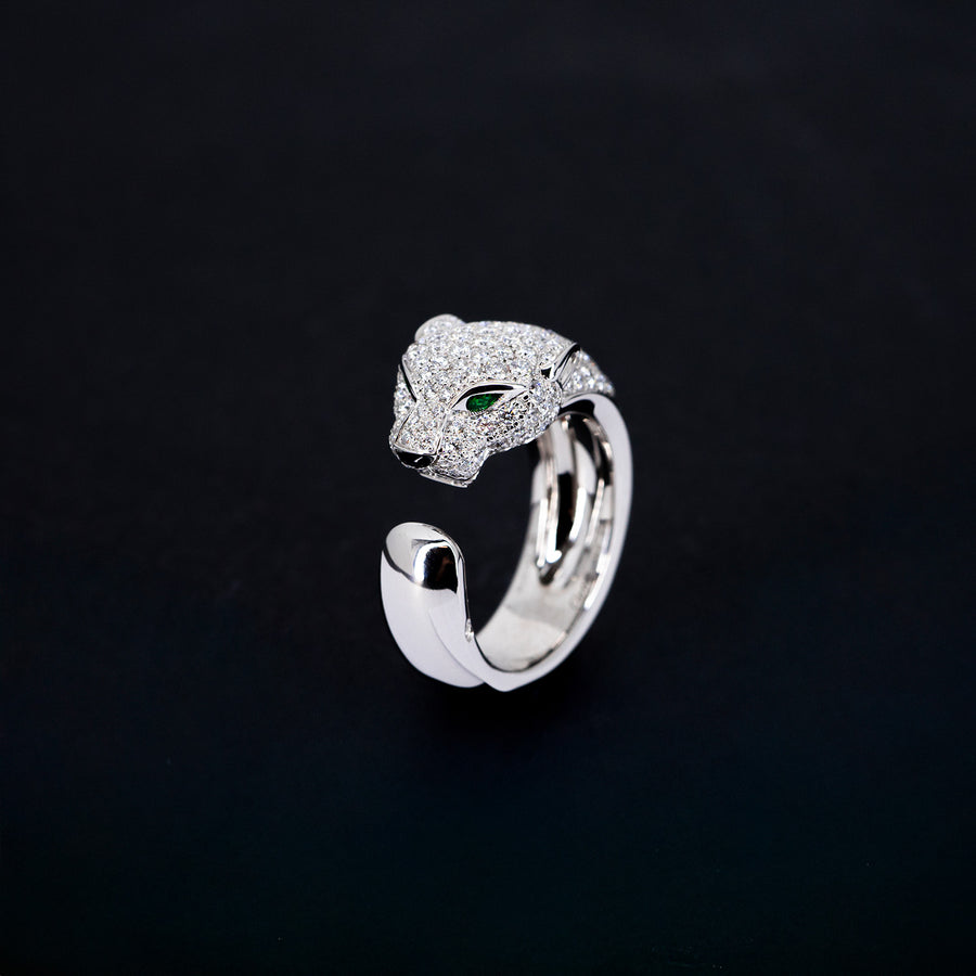 แหวน Cartier Panthère de Cartier ring, with diamonds, emeralds, onyx 18K White Gold Size 53# (Used) #vrcalrf 6730