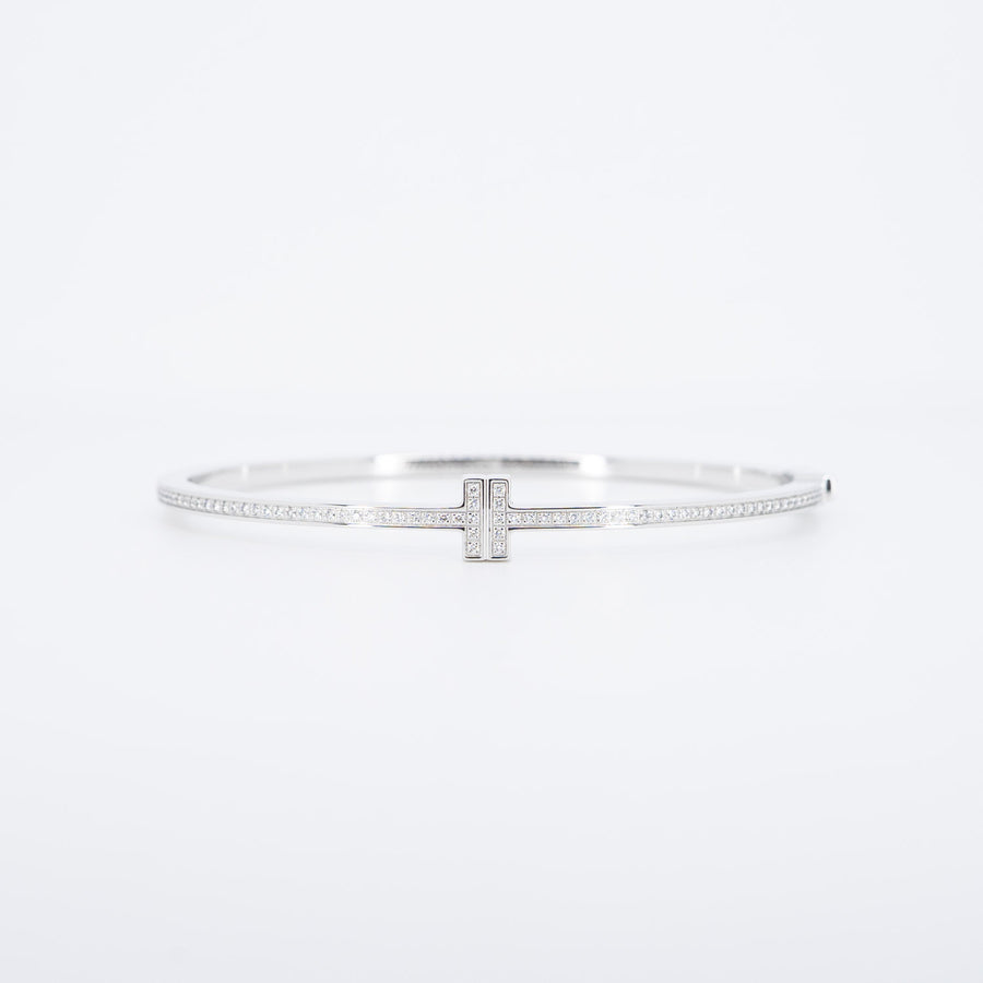 กำไล Tiffany & Co. Tiffany T Diamond Hinged Wire Bangle 18K White Gold Size M (16.5)# (Used) #vrtib 6743