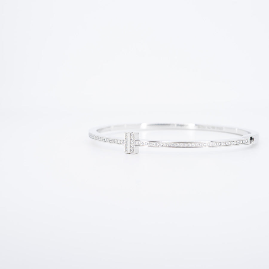 กำไล Tiffany & Co. Tiffany T Diamond Hinged Wire Bangle 18K White Gold Size M (16.5)# (Used) #vrtib 6743