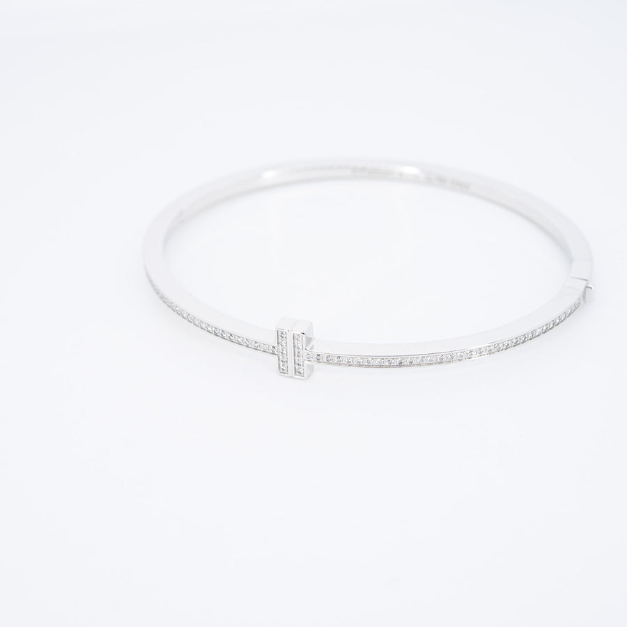 กำไล Tiffany & Co. Tiffany T Diamond Hinged Wire Bangle 18K White Gold Size M (16.5)# (Used) #vrtib 6743