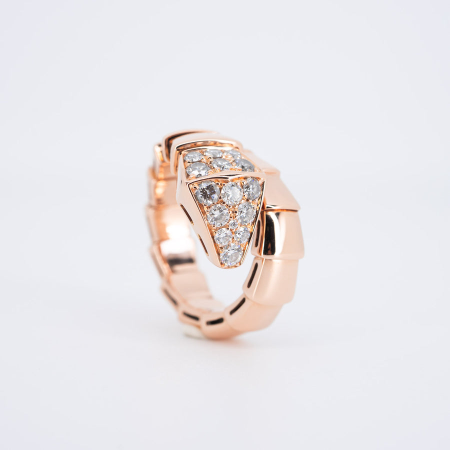 แหวน Bvlgari Serpenti Viper one-coil ring set with pavé diamonds on the head 18K Rose Gold Size S# (Used) #vrbvr 6800